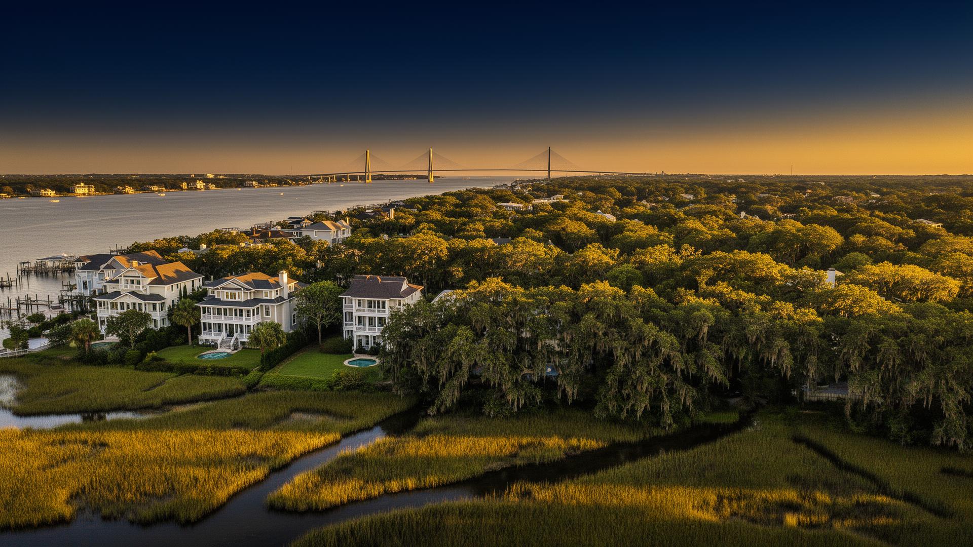 Aerial view of Mount Pleasant luxury homes along Charleston Harbor at golden hour